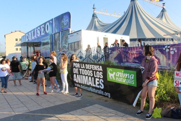 Los manifestantes desplegaron ayer algunas pancartas en defensa de los animales junto a la entrada del Circo Coliseo en Haro. :: D.M.A.