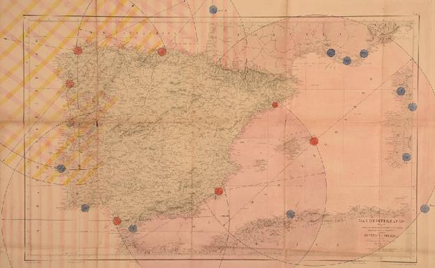 Mapa de 1901 de la península Ibérica y parte del mar Mediterráneo sobre el que están dibujados los radios de acción desde las bases aeronavales. /Museo Naval