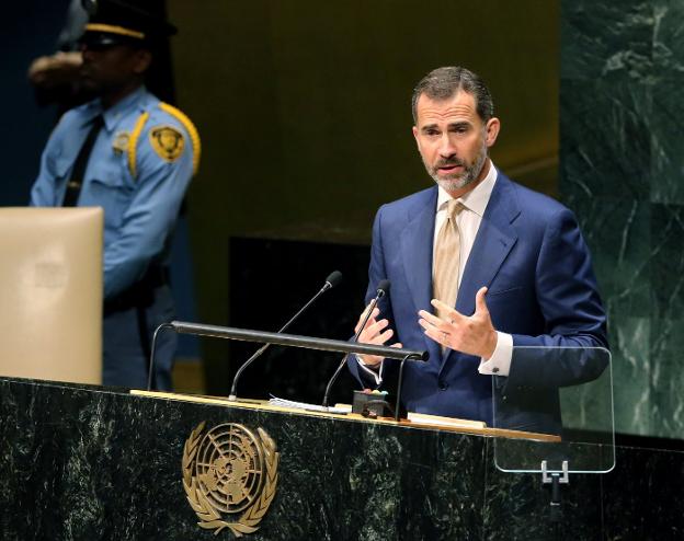 El Rey interviene en la Asamblea General de la ONU el pasado septiembre. :: Ballesteros / efe/