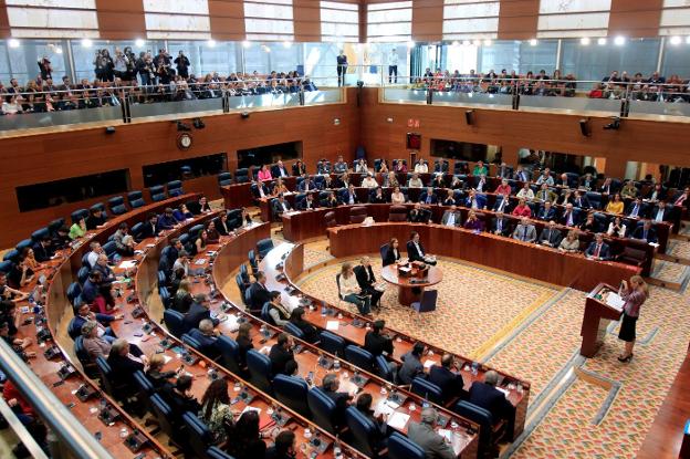 Imagen del hemiciclo de la Asamblea de la Comunidad de Madrid durante la sesión extraordinaria de ayer. :: Víctor Lerena / efe
/