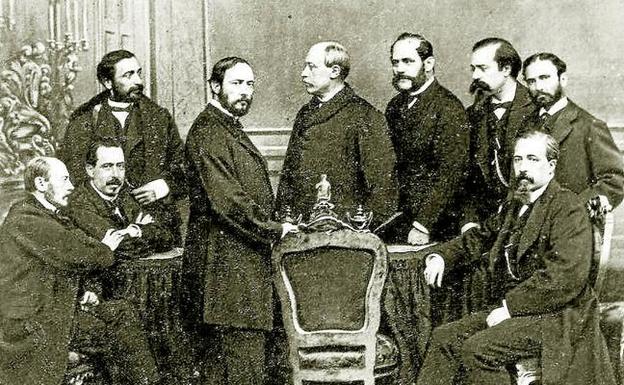 Gobierno provisional de 1868, con Figuerola, Ruiz Zorrilla, el riojano Sagasta, Prim, Serrano, Topete, López de Ayala, Lorenzana y Romero Ortiz.. :: /J. LAURENT