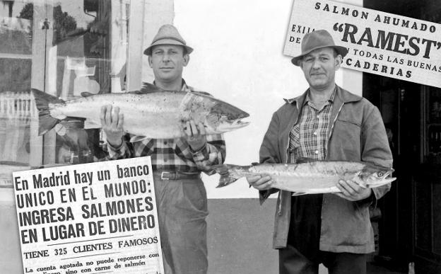 Pescadores de salmón en Asturias, en 1963, y titulares de prensa sobre Ramest. / FOTOTECA DE GIJÓN