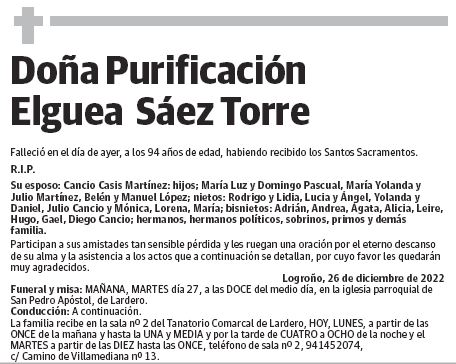 Doña Purificación Elguea  Sáez Torre