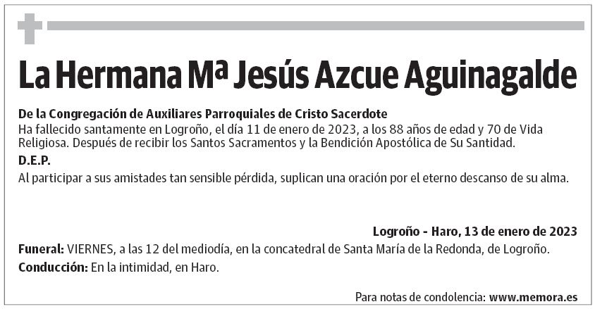 La Hermana Mª Jesús Azcue Aguinagalde