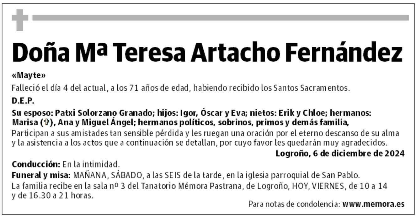 Doña Mª Teresa Artacho Fernández