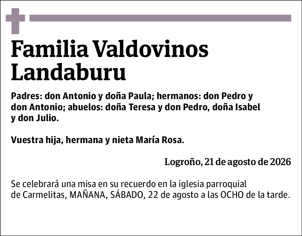 Esquela Familia Valdovinos Landaburu
